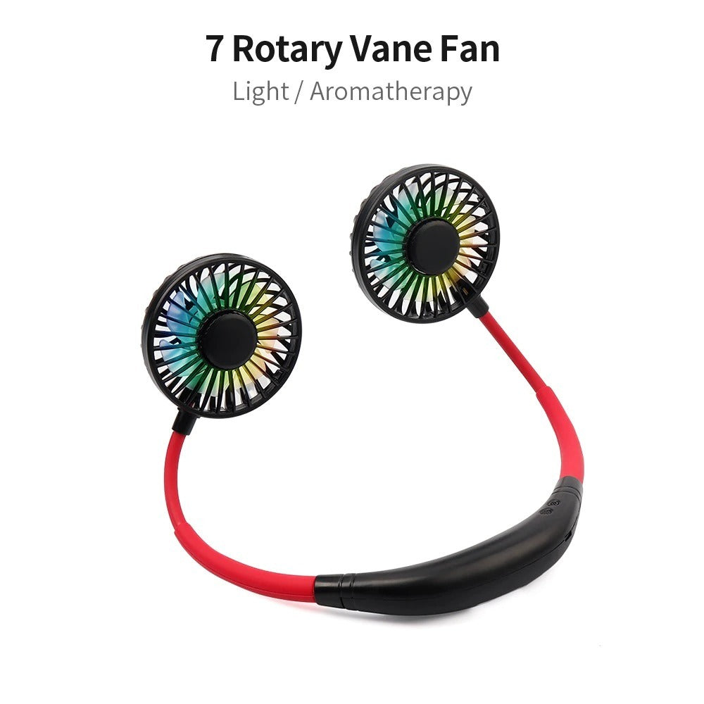 USB Rechargeable Neckband Fan – Dual Head, Portable Air Cooler with Aroma & Lights for Room or Desk