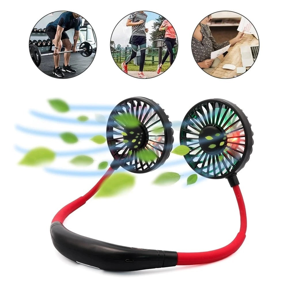 USB Rechargeable Neckband Fan – Dual Head, Portable Air Cooler with Aroma & Lights for Room or Desk
