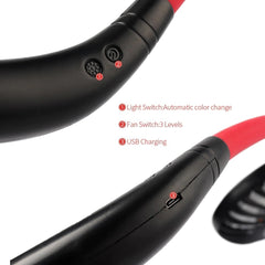USB Rechargeable Neckband Fan – Dual Head, Portable Air Cooler with Aroma & Lights for Room or Desk