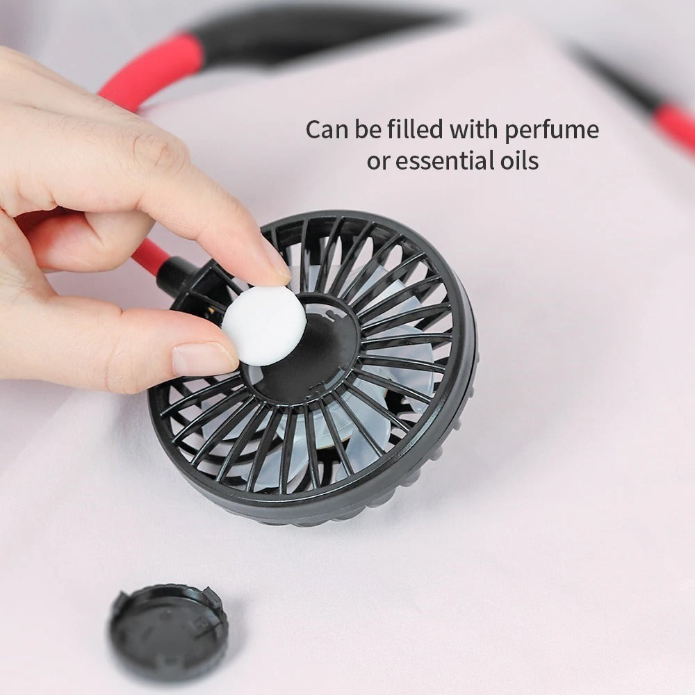 USB Rechargeable Neckband Fan – Dual Head, Portable Air Cooler with Aroma & Lights for Room or Desk
